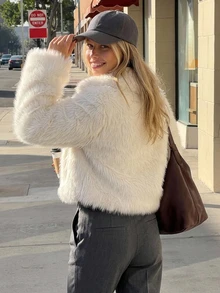 Livesso Women's Solid Color Lapel Neck Long Sleeve Loose Faux Fur Jacket - White - View 2
