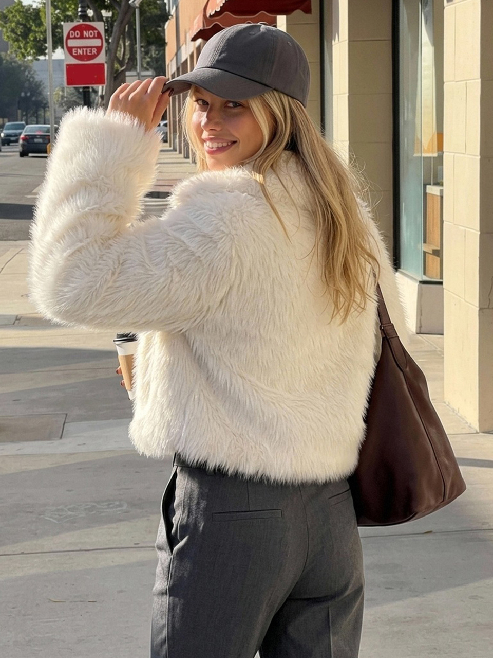 Women's Solid Color Lapel Neck Long Sleeve Loose Faux Fur Jacket