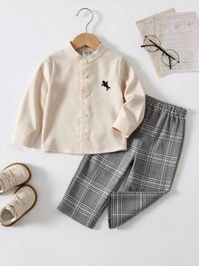 SHEIN 男女嬰兒/男嬰 2件組秋冬休閒復古風長袖上衣與長褲套裝，男嬰套裝，柔軟舒適，復古 - 彩色 - 查看 5