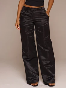 MUSERA ESSENTIALS Black Satin Low Rise Straight Leg Pants Autumn Winter Night Out Day To Eve - Black - View 2