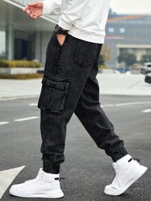 EGENSIO Plus Size Men's Drawstring Waist Casual Daily Wear Cargo Denim Jeans - Black - View 7
