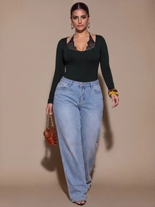 SHEIN BAE CURVE بودي سوت كاجوال يومي للنساء بمقاس كبير مع تفاصيل دانتيل وقطع قماشية - الأسود - مشاهدة 7
