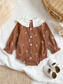 SHEIN Vintaside Kids 1pc Baby Girls Bodysuit Cute Sweet Brown Cream Floral Ruffle Bow Long Sleeve Ruffle Cuff Peter Pan Collar Ribbed Party Fall Elegant Chic - Brown - View 2