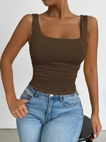 SHEIN PETITE 女款酒紅色方領寬肩帶抓皺修身短版背心，適合日常通勤、音樂節、約會之夜、海灘度假、開學季、休閒購物、酒吧聚會、居家懶散穿搭 - 咖啡棕 - 查看 3