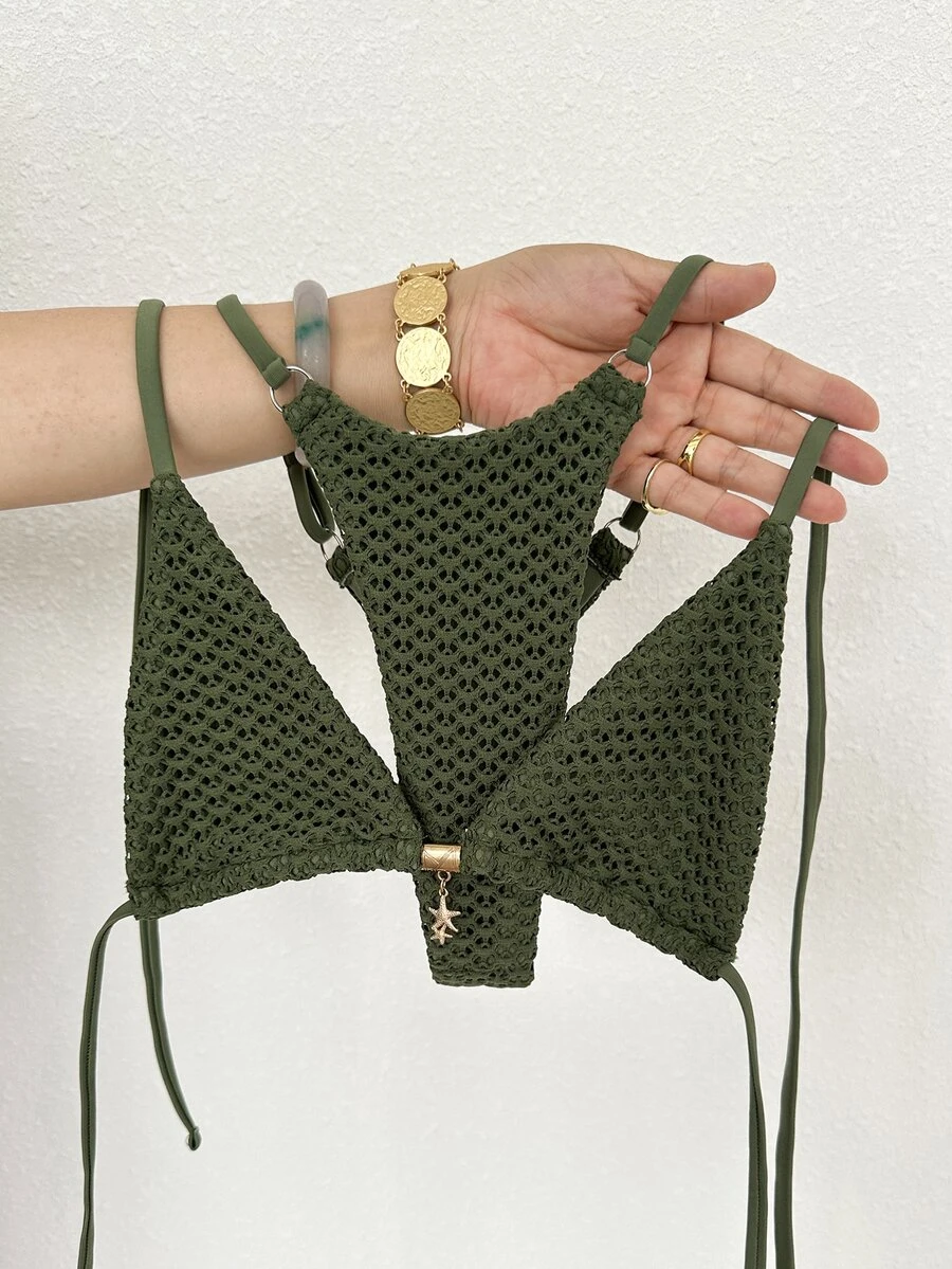 Swim Mod Polka Dot Halter Tie Two Pieces Bikini Swimsuit - Army Green - View 1