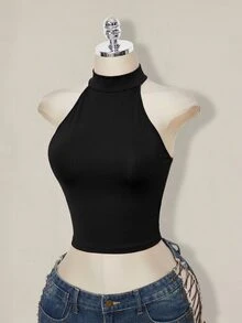 SHEIN ICON 女款純色修身百搭日常穿著掛脖式T恤 - 黑色 - 查看 8