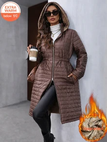 SHEIN LUNE 女款冬季加厚保暖內裡黑色連帽毛絨填充外套 - 咖啡棕 - 查看 2