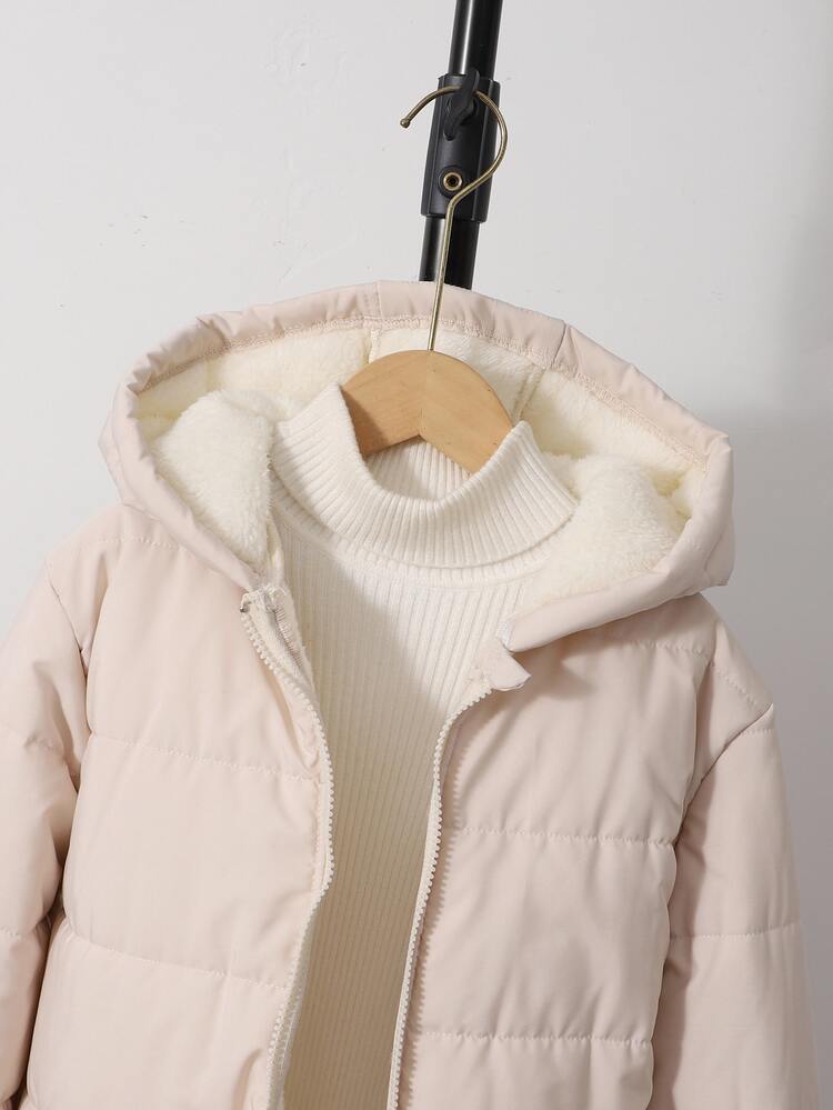 SHEIN 1pc Young Girl Mid-Length Long Sleeve Cotton Padded Coat With Fleece Lining, Comfortable And Warm Solid Color Coat - Apricot - View 5