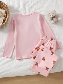 SHEIN 女童杏色羅紋熊圖案長袖上衣與休閒熊長褲套裝，居家服 - 粉色 - 查看 3