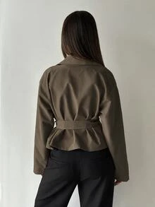 Aloruh Women's Solid Color Lapel Neck Double-Breasted Casual Trench Coat Jacket - Mocha Brown - View 2