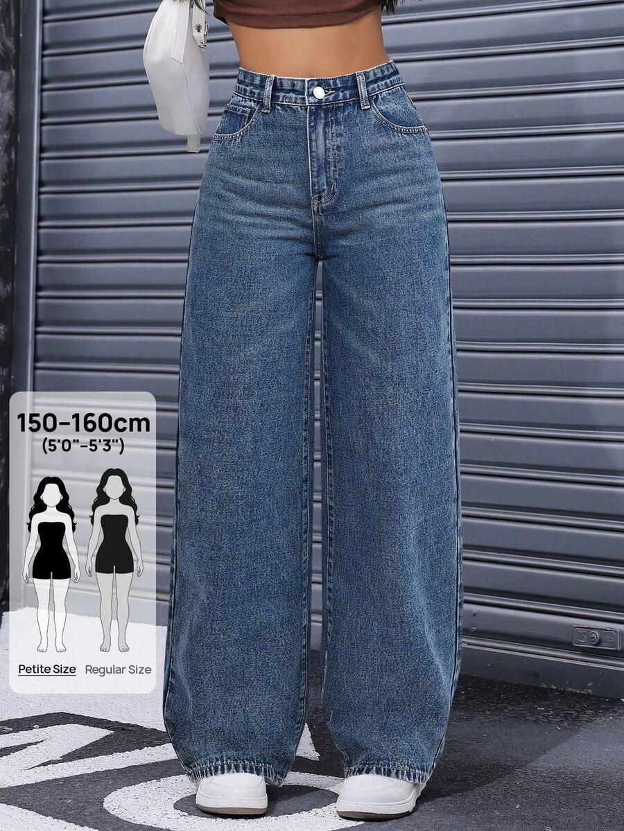 SHEIN PETITE Women's Minimalist Casual Zip-Fly Loose Straight Leg Denim Jeans,Fall/Winter,New Year Outfit ,Petite Women - Dark Wash - View 1