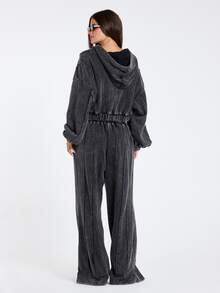 MUSERA 灰色寬鬆雙拉鍊設計長袖連帽衫 秋冬女款休閒穿搭 - 黑色 - 查看 3