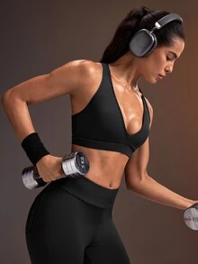 Powerista Bra Olahraga Wanita Warna Hitam dengan Leher V dan Pengait di Belakang, untuk Dampak Sedang-Rendah - Hitam - View 7