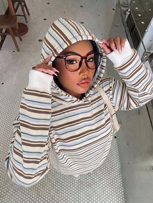 Muchica 女款全印花運動衫，優雅經典條紋圖案，學院風返校校園穿搭，社團服飾，青年休閒風，四季百搭，現代都市時尚，商務女裝，辦公服飾，低調老錢風，精緻優雅，通勤機場穿搭 - 彩色 - 查看 6