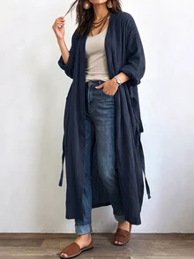 Linhara CURVE 女款長版休閒亞麻外套，適合外出與通勤的休閒外衣 - 藏蓝色 - 查看 1