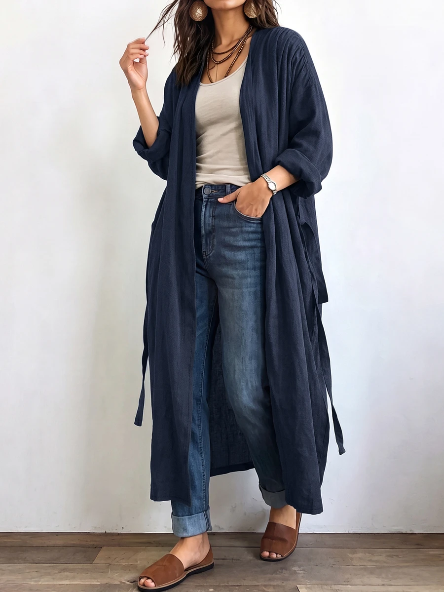 Linhara CURVE 女款長版休閒亞麻外套,適合外出與通勤的休閒外衣 - 藏蓝色 - 查看 1