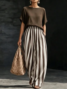SHEIN Holidaya Women Solid Batwing Short Sleeve Top & Vertical Stripe Wide Leg Pants Set, Casual Loose Fit Two Pieces Outfit For Summer - Brown - View 1