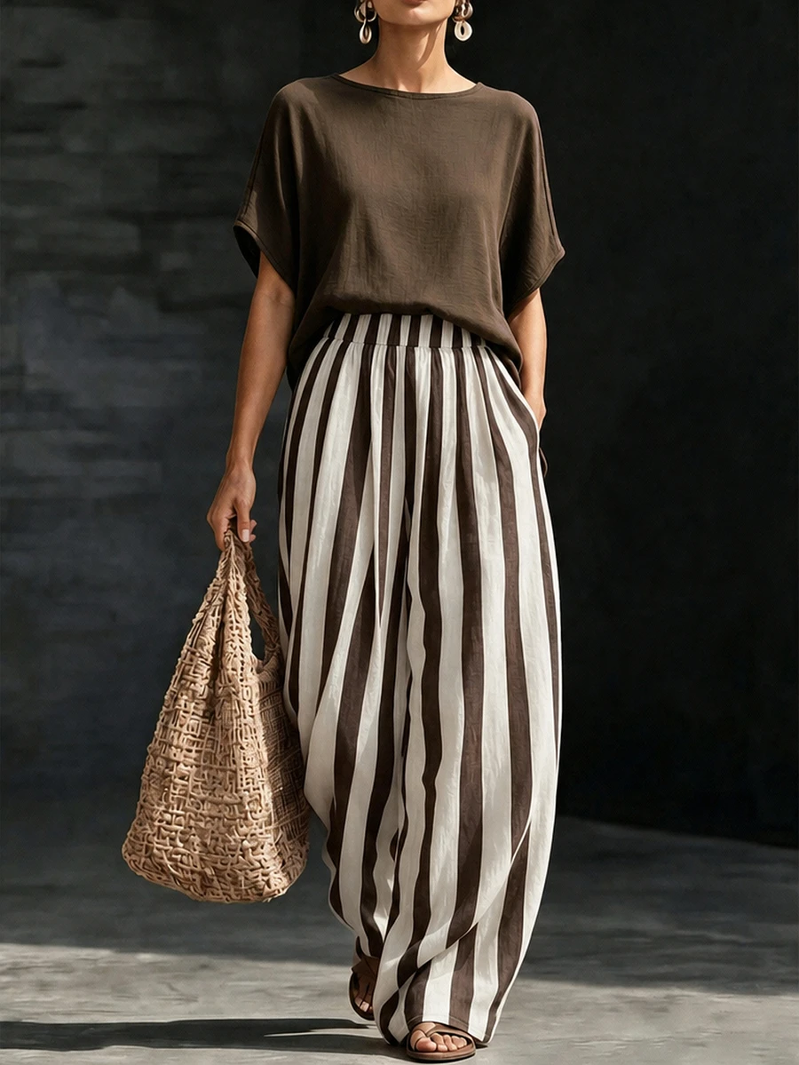 SHEIN Holidaya Women Solid Batwing Short Sleeve Top & Vertical Stripe Wide Leg Pants Set, Casual Loose Fit Two Pieces Outfit For Summer - Brown - View 1