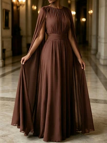 Velvienne Plus Size Women's Elegant Formal Cocktail Cape Sleeve Maxi Dress,Pleated Round Neck Evening Gown For Wedding Dinner Guest Brown Summer - Brown - View 4