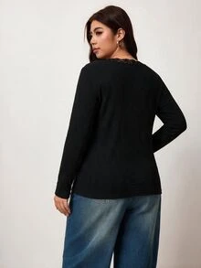 Enliva Plus Size Women's Cotton Blend Long Sleeve T Shirt Square Neck Casual Basic Top Flattering Compatible With Apple Shape - Black - View 2