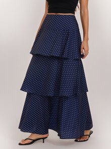 SHEIN Tall Navy Blue Polka-Dot Maxi Skirt With Exaggerated Tiered Ruffles For Tall Women - Navy Blue - View 5