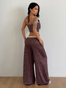 Coolane Women's Leopard Print Halter Neck Tie Tank Top And Drawstring Waist Long Pants 2 Pieces Set - Multicolor - View 2