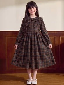 Tween女孩長袖格紋收腰蝴蝶結誇張領長洋裝 秋冬款 - 卡其色 - 查看 14