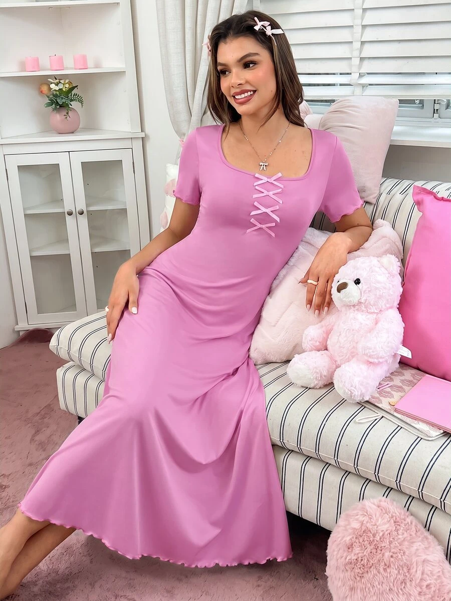 SweetSlumber Elegant Bow Contrast Color Women's Loungewear Dress - Dusty Pink - View 1