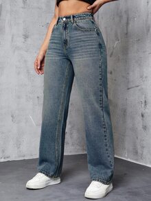 SHEIN EZwear 女款街頭風鈕扣口袋牛仔長褲，適合日常穿著 - Fresh Green - 查看 4