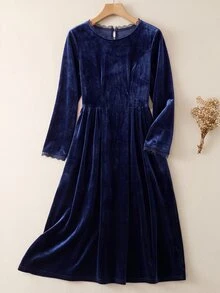 Rusticease Women's Elegant 1920 Vintage 1960s Round Neck Long Sleeve Lace Patchwork Design Dress Party Fancy Senior Navy Blue Fall - Navy Blue - View 1