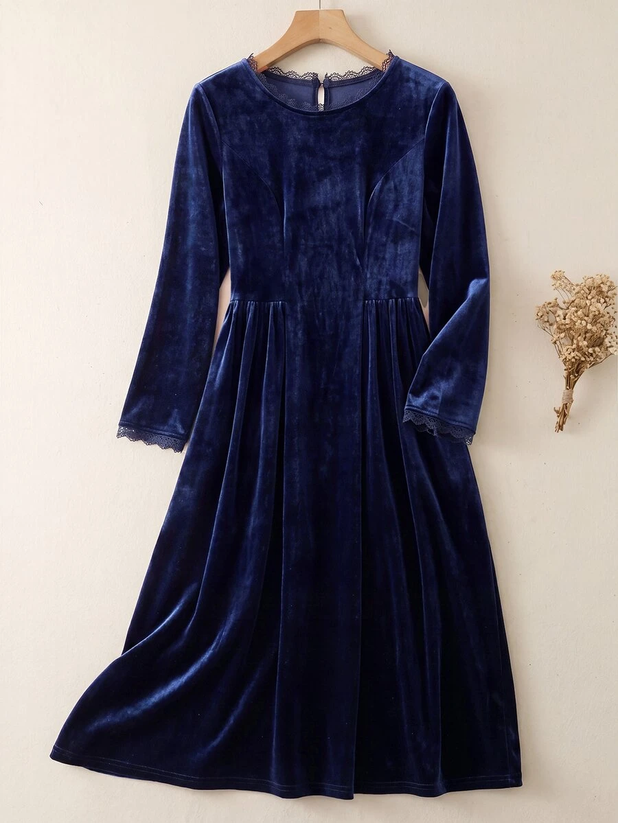 Rusticease Women's Elegant 1920 Vintage 1960s Round Neck Long Sleeve Lace Patchwork Design Dress Party Fancy Senior Navy Blue Fall - Navy Blue - View 1