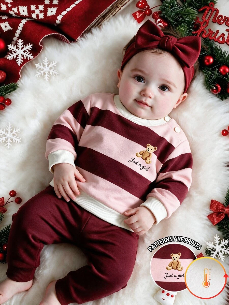新生女嬰休閒可愛條紋熊與字母印花圓領長袖保暖內裡加厚衛衣褲套裝,柔軟面料,適合聖誕出遊,秋冬穿著 - 彩色 - 查看 1