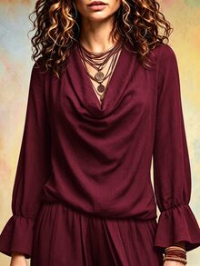 LUMIGAL Spring/Autumn New Commute & Vacation Solid Color Women's Cowl Neck Flare Sleeve Top - Burgundy - View 5