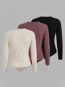 SHEIN BASICS 3-Pack Women's Solid Crew-Neck Long-Sleeve Ruched Side-Slit Casual T-Shirt - Multicolor - View 16