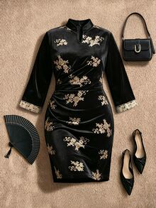 EastFlair Plus Size Women's Floral Print Pleated Casual Party Dress - Black - View 1