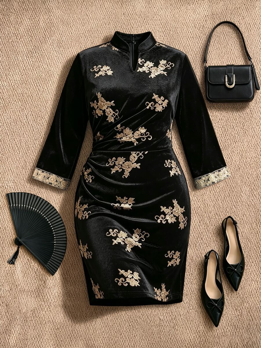 EastFlair Plus Size Women's Floral Print Pleated Casual Party Dress - Black - View 1