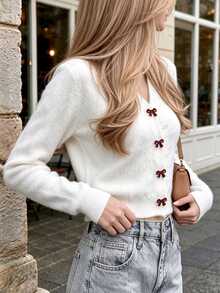 Cévolie Women's Bow-Knot Button Casual Versatile Daily Wear Cardigan - White - View 3