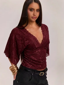 SHEIN BAE Elegantes, sexy Damen-Top mit tiefem V-Ausschnitt, Spitzen-Patchwork, Blumenmuster und transparentem Design, geeignet für Lässig, Ausgehen, Boho-Stil, Spitzen-Top, beiges Top, Sommer-Top - Bordeaux - Übersicht 5