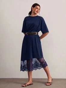 Freevana Plus Size Women Lace Patchwork Casual Party Dress - Royal Blue - View 3