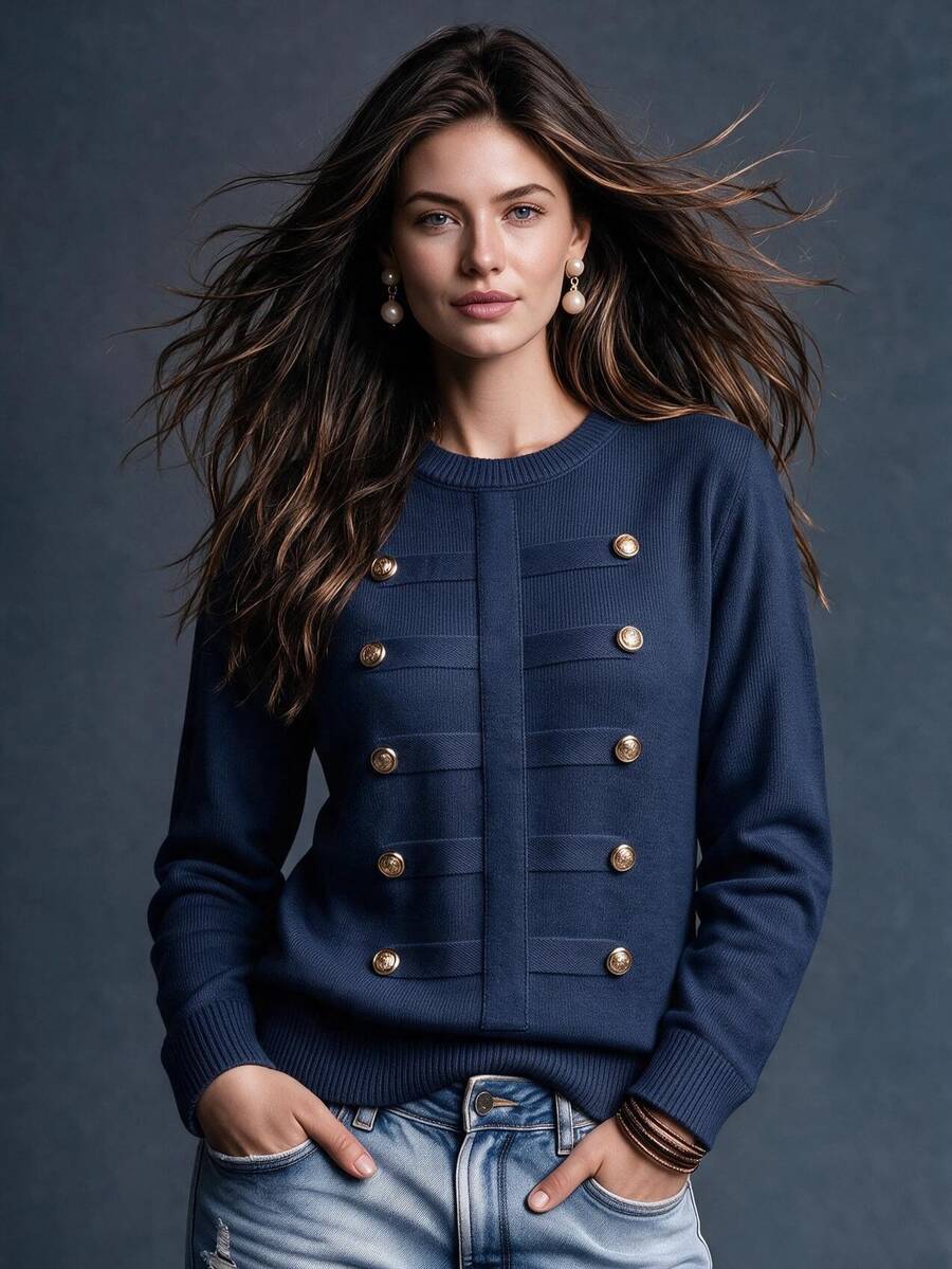 Trelyra Women's Soft Knit Top With Double-Breasted Gold Buttons, Gentle Style, Commuter - Navy Blue - View 1
