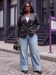Slaydiva Plus Size Faux Leather Biker Blazer, Gold Zipper Double Breasted Lapel Slim Jacket - Black - View 8
