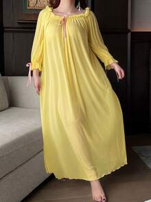 Dazy Plus Plus Size Women's Sexy Sheer Mesh Off-Shoulder Ruffle Hem Long Nightgown, Comfortable Home Dress For Spring & Summer Pajamas - Yellow - View 2