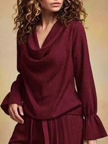 LUMIGAL Spring/Autumn New Commute & Vacation Solid Color Women's Cowl Neck Flare Sleeve Top - Burgundy - View 4