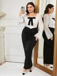 Modelyn Elegant Lady Style White Lace Patchwork Black Knit Sophisticated Elegant Fashion Slim Fit Flattering Versatile High-End Luxury Plus Size Dress - Black and White - View 6