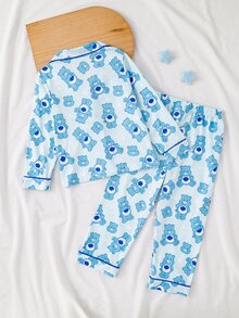SHEIN X Care Bears GraphicGems 秋冬男童幼兒聯名印花可愛趣味卡通熊圖案藍色柔軟開領長袖褲子2件套居家服 - 藍色 - 查看 2