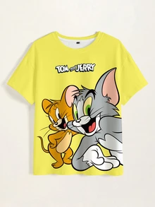 TOM & JERRY X SHEIN 女款卡通印花寬鬆圓領短袖套頭T恤，適合日常穿著 - 白色 - 查看 4