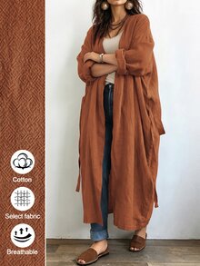 Linhara CURVE 女款長版休閒亞麻外套，適合外出與通勤的休閒外衣 - 珊瑚橙 - 查看 4