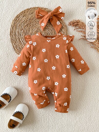 SHEIN Jumpsuit Bayi Perempuan Baru Lahir Musim Gugur/Dingin Lengan Panjang Katun, Jumpsuit Motif Bunga Kecil Lucu dengan Lengan Berkerut dan Kancing Jepit di Selangkangan, Aksesori Rambut Pita yang Serasi, Cocok untuk Pemakaian Sehari-hari dan Jalan-jalan