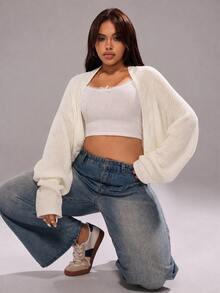 SHEIN CURVE+ Plus Size Women's Versatile Long Sleeve Cardigan Shawl Sweater, Suitable For Autumn/Winter - White - View 7
