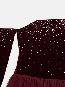 GlowEve CURVE Spring/Autumn Off-Shoulder Mesh Dress With Rhinestones And Crystals, Elegant And Glamorous Burgundy, Suitable For Christmas, Valentine's Day, Chinese New Year, Party, New Year And Multiple Occasions, Plus Size - Merry Berry - View 4